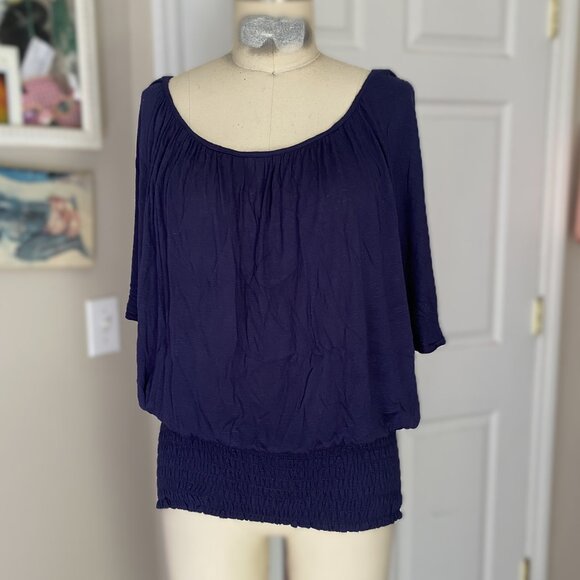 TAMMY MARS Navy stretch Y2K Batwing smocked Shirred Waist Shirt *SMALL* - Picture 1 of 5